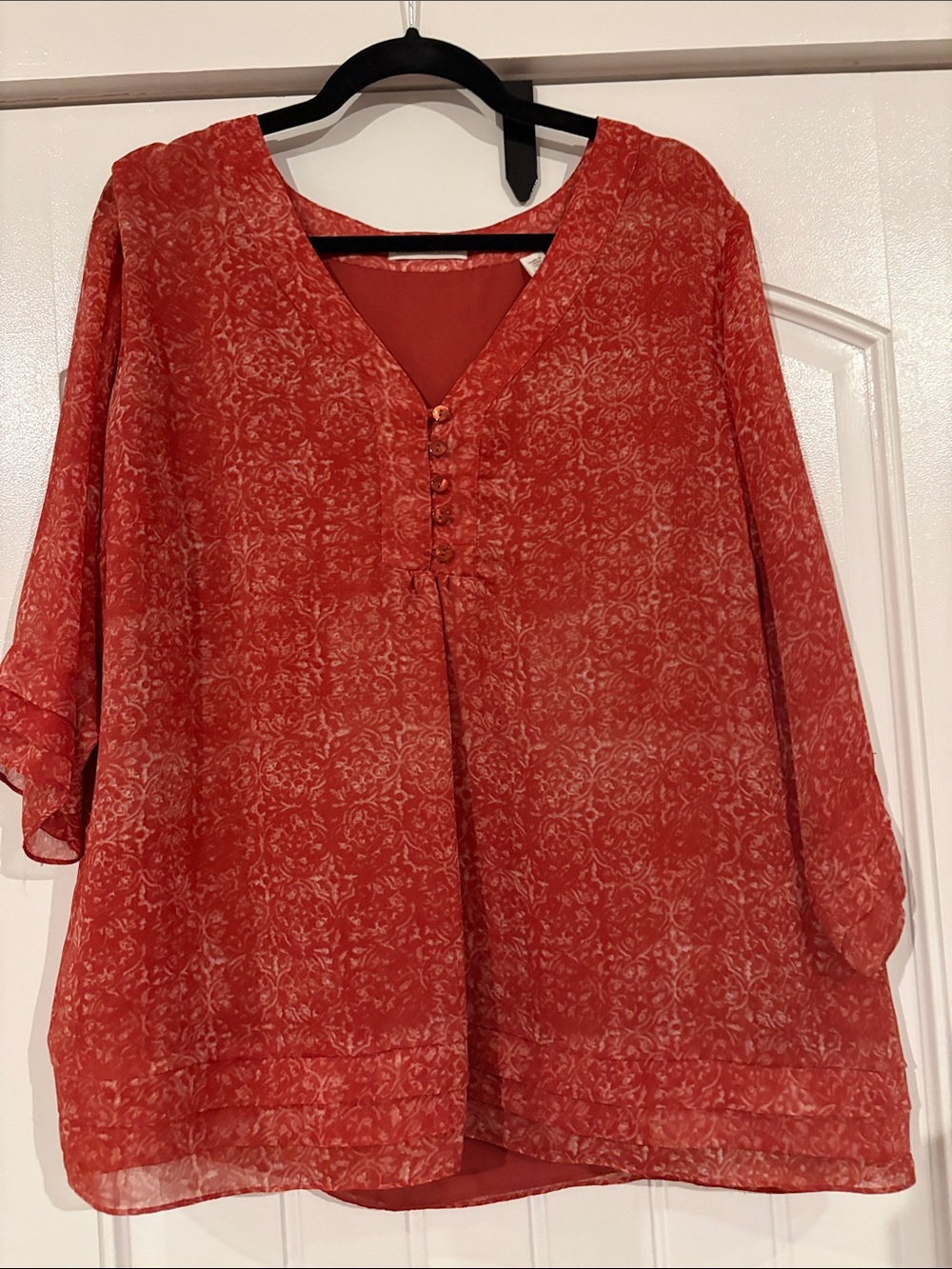 Coldwater Creek Red Floral V-Neck Tunic Blouse - Picture 2 of 4